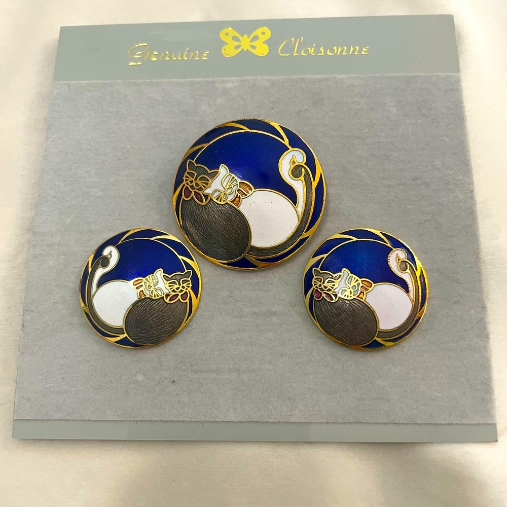Genuine Cloisonné Cat Brooch and Earring Set - Blue and Gold and white cat